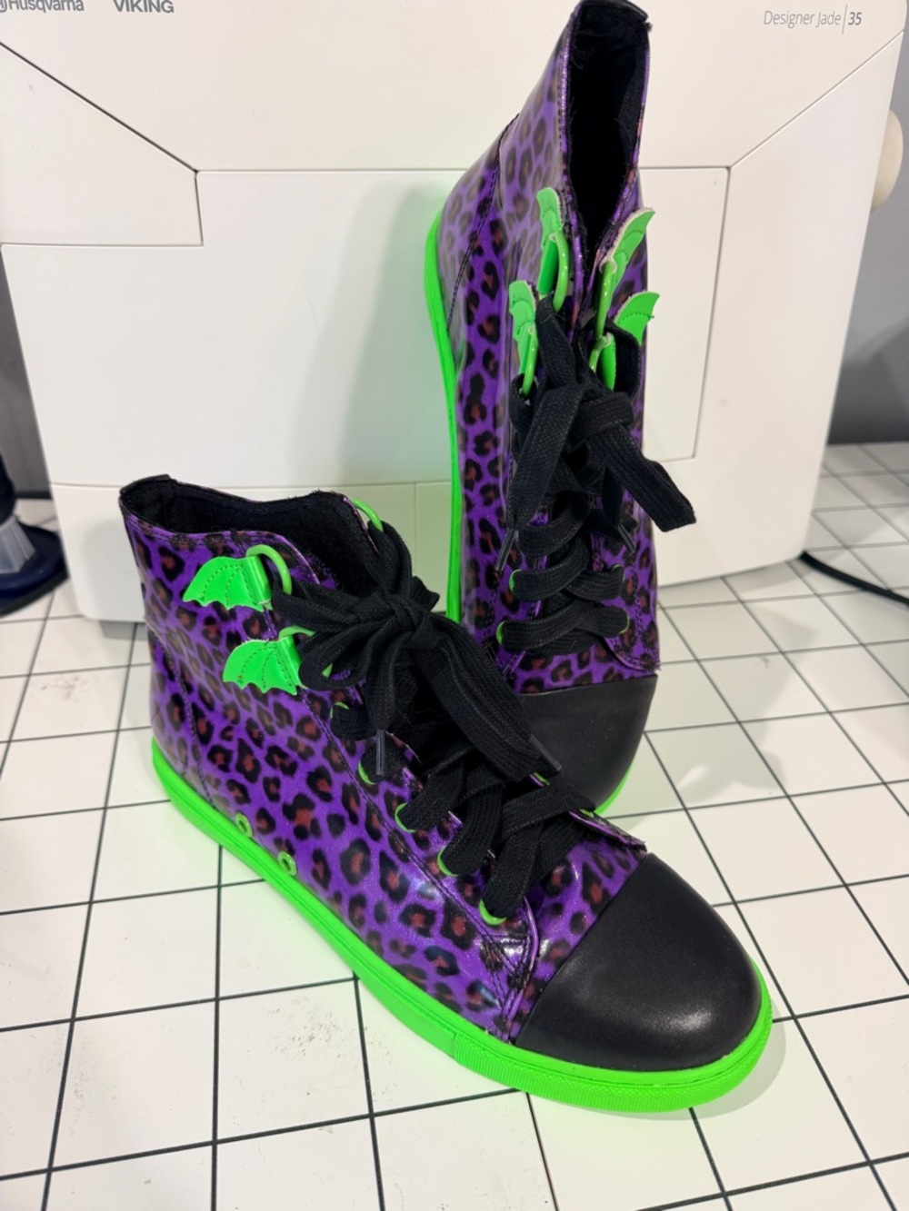 Strange Cvlt Purple Leopard High-Top Sneakers with Neon Green Accents